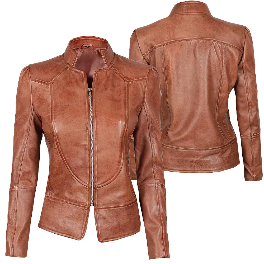 Nueva y elegante chaqueta de cuero informal para mujer Vintage Classic Biker Cafe Racer, a prueba de viento. Venta personalizada al por mayor, señoras recortadas