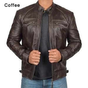 Chaqueta de motocicleta impermeable a prueba de viento con cuello vuelto ajustada de lona de cuero genuino para hombre a la moda con cremallera diagonal - Product Image 6