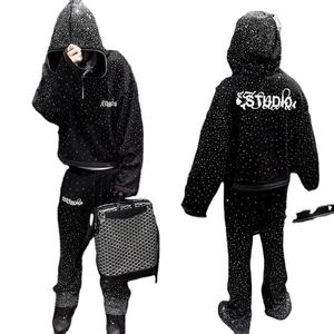 Street Classic Black rhinestone Design zipper hooded set mens hip hop personalizado casual retro pareja cardigan jacket Set - Product Image 2