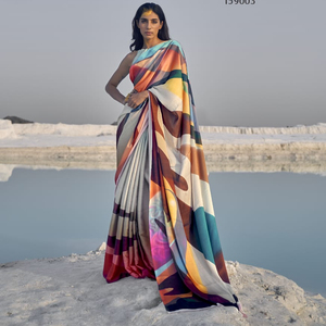 Dernier cri de designer en satin avec saree de style indien à impression numérique - Product Image 1