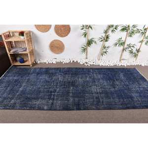 Tapis en laine bleu moderne en peluche fait à la main 4.1X9.8 pieds Patchwork rectangulaire motif abstrait pour le salon ou la chambre à coucher pour les adolescents - Product Image 1