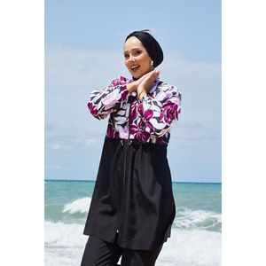 Costume da bagno modesto viola con fantasia floreale per ragazze, con design a vita arricciata - Product Image 5