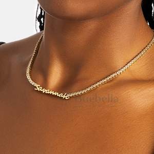 Gran oferta, placa de nombre de una fila de 5mm en cadena de tenis, Diamante de moissanita, plata 925, cadena de eslabones cubanos chapada en oro de 18 quilates, joyería fina - Product Image 2
