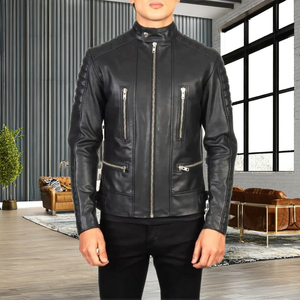 Veste en cuir pour homme de style bomber, tendance streetwear américaine, avec fermeture éclair, personnalisable en couleurs et logo. - Product Image 1
