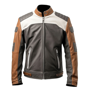 Col montant cavalier en cuir de mouton course moto vestes pour hommes marron blanc chic respirant Touring coupe-vent personnalisé - Product Image 1