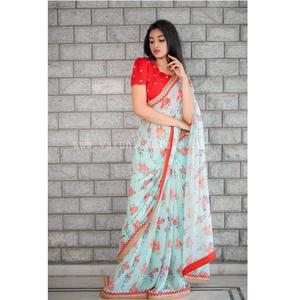 Diseñador exclusivo Indian Georgette Sarees Bodas Fiestas Tendencia Impresión digital Secuencia Bordado Trabajo Alto Étnico para mujeres - Product Image 1