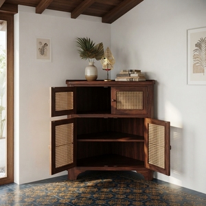 Rustic wooden corner nightstand bedroom bedside cabinet handwoven rattan doors premium <b>storage</b> organizer elegant home furnitures - Product Image 4