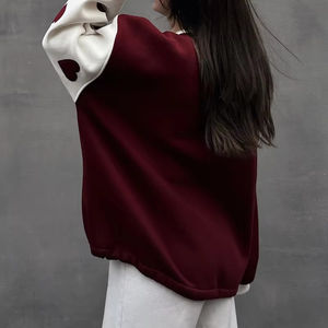 Sudadera con Capucha de Algodón Orgánico Grueso para Mujer, Bordado de Parches, Estilo Holgado, Hombros Caídos, Bloques de Color - Product Image 4