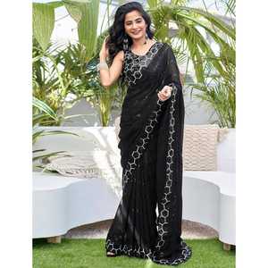 LANZAMIENTO NUEVO DISEÑADOR FIESTA WEAR SAREE TELA PESADA GEORGETTE BORDADO LENTEJUELAS TRABAJO REVERSIBLE CASUAL TODAS LAS TEMPORADAS ZAIN - Product Image 1