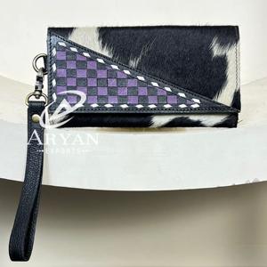 Cartera de Mano de Cuero Vacuno con Diseño a Cuadros Morado y Negro, Estilo Occidental, Hecha a Mano, con Tarjetero y Correa para la Muñeca, Modelo 2025 - Product Image 1