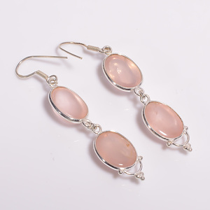 Pendientes colgantes finos clásicos de Plata de Ley 925, estilo elegante de gota con colgantes de piedras preciosas de cuarzo rosa para mujer - Product Image 2
