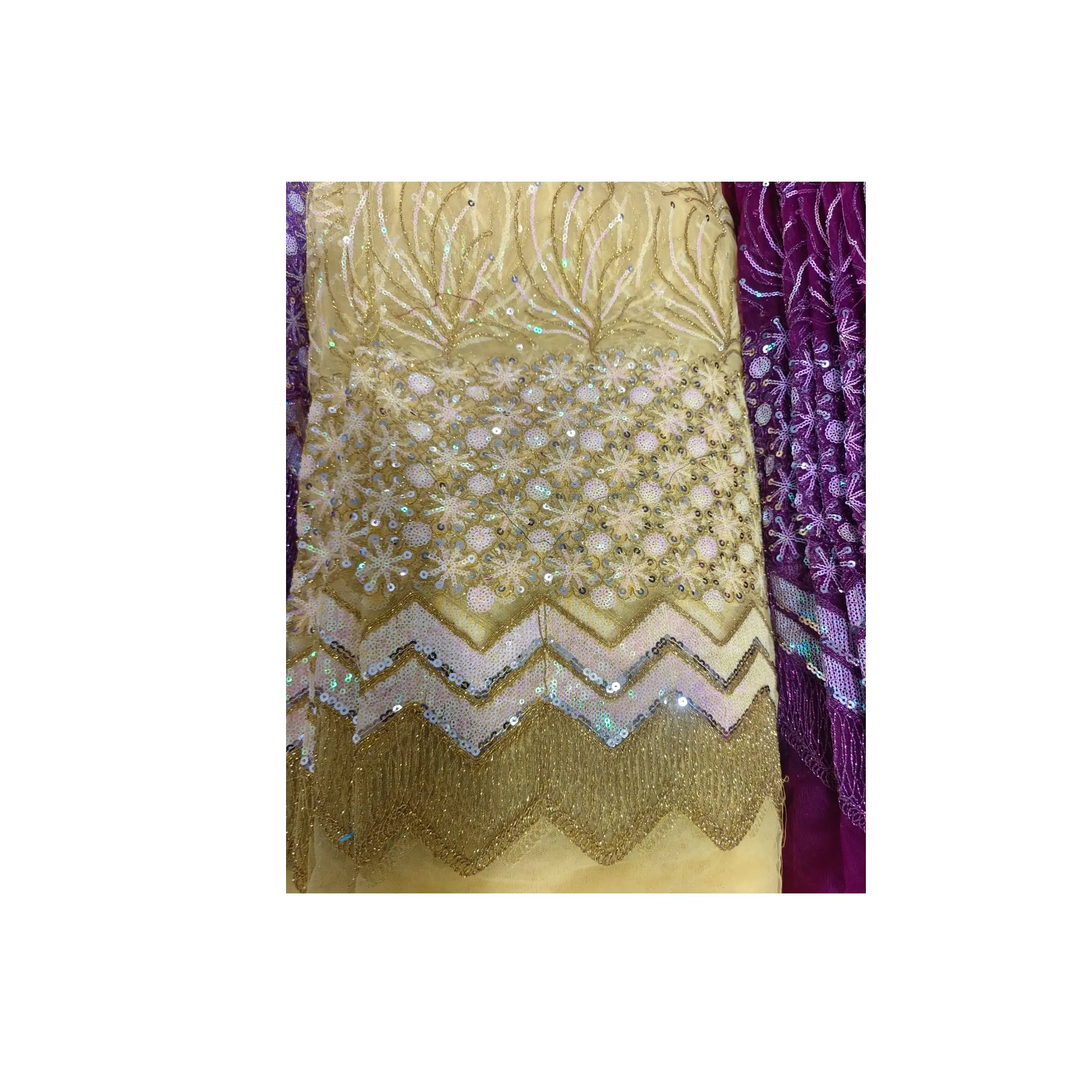 Material de vestido de excelente calidad Rainbow Sequence Net Fabric en diseño de borde de exportador y proveedor indio