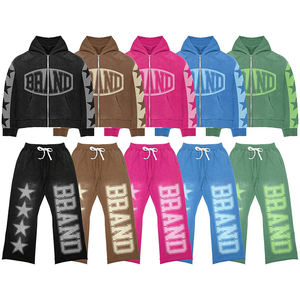 Conjunto personalizado de ropa serigrafiada con capucha y pantalones de chándal acampanados apilados con cremallera y lavado ácido vintage de talla grande para hombre de fabricante - Product Image 1