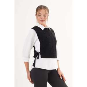 Pull noir texturé pour femme, tricoté à la main, avec fermeture à nouer sur le côté - Product Image 6