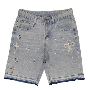 Shorts Vaqueros de Mezclilla con Diamantes Incrustados, Estilo Hip-Hop, Transpirables - Product Image 1