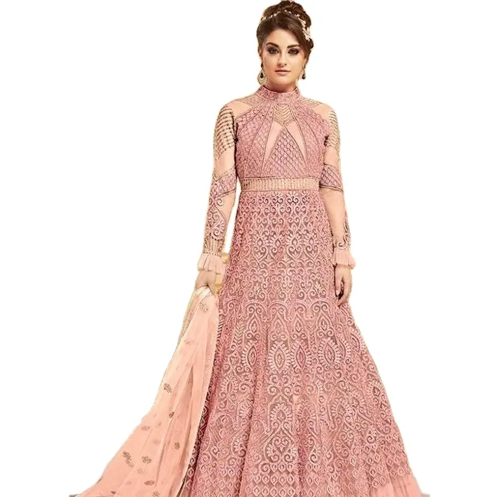 Special Party Wear Pink Long Neck Georgette Zari Work Knee Length Indian Western Style Gown 2023 Fancy Collection