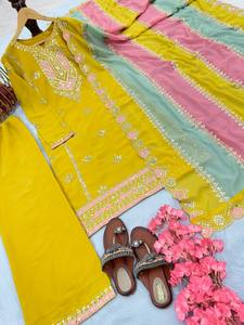 Conjuntos de Kurti Chikankari Palazzo de Algodón Bordado Indio Tradicional, Moderno y Sexy, para Mujer, Venta al por Mayor, Surat, India - Product Image 4