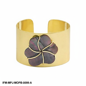 Handcrafted Brass Cuff Bangle with <b>Black</b> Mother of Pearl Flower Charm Floral Statement <b>Bracelet</b> for <b>Women</b> - Product Image 2