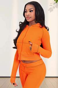 Selling Women's Custom Tracksuits <b>Waffle</b> Knitted Casual Zipper Cropped Flare OEM Thermal Solid Breathable Quick Dry Sports Wear - Product Image 2