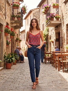 Blusa sin mangas con cuello en V para mujer, estampado floral geométrico, tirantes finos, informal, primavera-verano, tejido, corte regular - Product Image 5