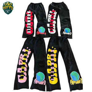 Pantalones de chándal apilados para hombre con logotipo personalizado de peso pesado High Street Hip Hop 3D para Puff Print Jogger Pantalones de chándal acampanados Casual - Product Image 5