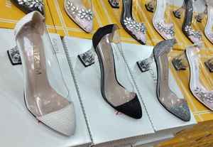 women's sandals casual <b>shoes</b> short Transparent Stone Satin Fabric heels 7 cm 36-40 Made <b>in</b> Turkiye - Product Image 3