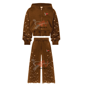 Ensemble de survêtement unisexe en deux pièces avec pantalon de survêtement à pattes évasées et sweat à capuche zippé, orné de strass de haute qualité, effet délavé à l'acide, style vintage - Product Image 2