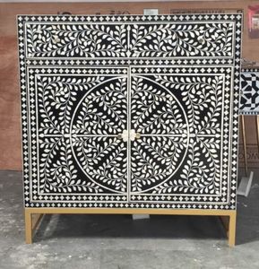 เฟอร์นิเจอร์งานฝีมือแบบฝังกระดูกสำหรับตกแต่งโต๊ะข้างเตียงลายดอกไม้แบบดั้งเดิมจากอินเดีย - Product Image 2