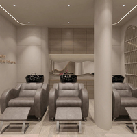 Meubles de salon de beauté modernes avec mur d'accentuation LED en forme d'arche, comptoir de réception ovale cannelé et fauteuil de lavage pour salon unisexe