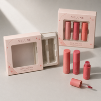 Boîte d'emballage personnalisée haut de gamme pour trio de teintures à lèvres imperméables, avec fenêtre en PET, insert en carton cadeau, ensemble de 3 couleurs liquides, vente en gros, marque privée