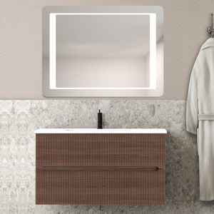 Lavello in resina per armadietti in noce da 100 cm e specchio in stile argilla a LED per la composizione del bagno - Product Image 1