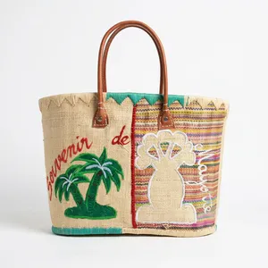 Handmade Raffia Tote <b>Bag</b> Tropical Palm <b>Tree</b> And maki Embroidery Design Woven Basket Style Beach basket - Product Image 3