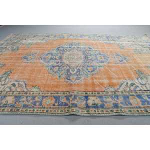 พรมตุรกี ขนาด 5.8x8.7 ฟุต พรมวินเทจ พรมขนสัตว์ลายดอกไม้สีส้มน้ำเงิน - Product Image 3