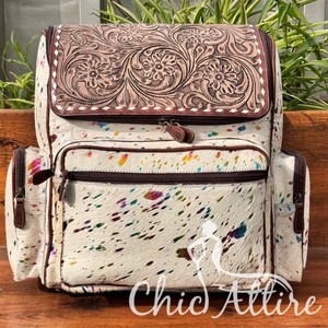 Cheveux faits à la main sur sac à couches en cuir métallique usiné Western 100% sac à dos à fleurs en cuir de vache véritable pour femmes sac à couches Jumbo - Product Image 1