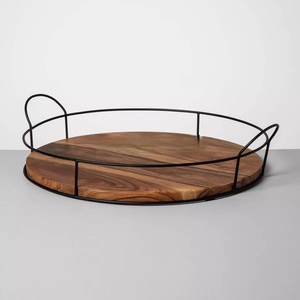 Most Selling Round Shape Wooden <b>Tray</b> <b>with</b> Metal <b>Handle</b> for Kitchenware Handmade Wooden Serving <b>Tray</b> for Export Sale - Product Image 1