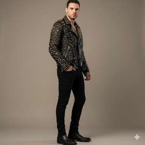 Chaqueta de Motociclista de Manga Larga con Pedrería de Alta Calidad para Hombre, de Lana, Resistente al Viento, para Otoño e Invierno, Última Moda, Cuero Genuino - Product Image 6