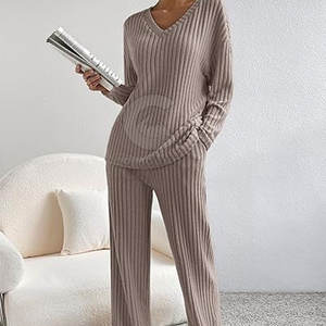 ชุดลำลองผ้าคอตตอนผสมสำหรับผู้หญิง ทรงหลวมใส่สบาย เหมาะสำหรับอยู่บ้านและเดินทาง ผ้าถักนุ่มแบบริบ - Product Image 3