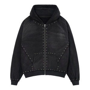 Men's Black Hooded Sweatshirt Oversized French Terry Rhinestone Detail Casual Streetwear <b>Zip</b>-<b>Up</b> <b>Jacket</b> - Product Image 2