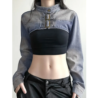 Haut court personnalisé veste en jean décontracté singe lavé col montant manteaux Y2K Vintage ceinturé vêtements d'extérieur pour femmes