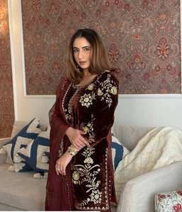 TOP PLAZZO Dupatta en velours uni teint uni avec broderie, taille naturelle, design vintage, silhouette en A, tenue de soirée - Product Image 6