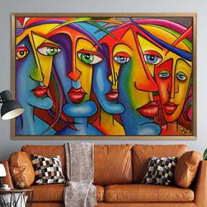 Decoración de Pared Moderna con Diseño Abstracto de Personas - Impresión en Lienzo de Rostros Coloridos, 1 Pieza: Marco Dorado - Product Image 1