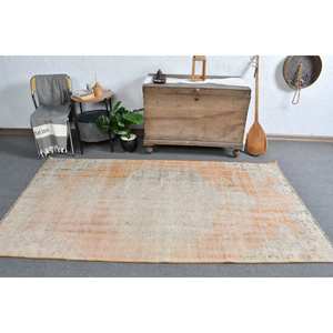 Tapis Moderne Orange Beige 4.3X7.6 pi Fait à la Main Classique Rectangle Patchwork Design Vintage Turc Laine Polyester Latex pour Vivre - Product Image 5