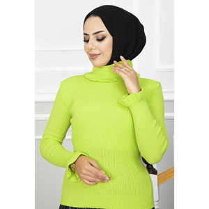 Suéter de Punto Verde Fluorescente para Mujer, con Detalle de Volantes, Transpirable, Estilo Casual Y2K para Otoño/Invierno, con Logotipo Delantero - Product Image 3