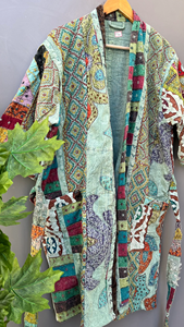 Unisex Long Winter Quilted Finished <b>Jacket</b> Multi-Patchwork Kantha Full Sleeves Cotton <b>Bridal</b> Beach Party Wear Belt Closure - Product Image 5