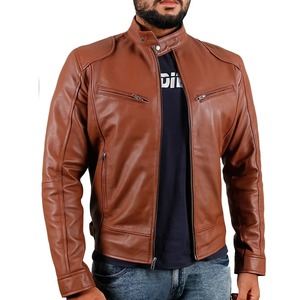 Blouson de moto en cuir véritable enduit pour homme, style universitaire, avec col montant, logo avant à capuche, coupe décontractée vintage - Product Image 4