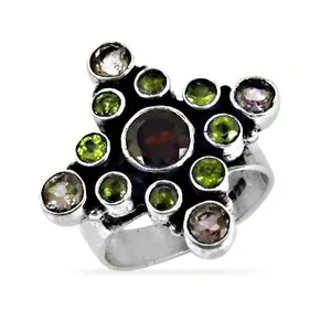 925 Silver Geometric Cluster <b>Ring</b> Garnet <b>Peridot</b> Bezel Setting Classic Style Unisex Everyday Wear Third Party Certified - Product Image 2