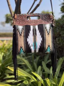 Bolso de mano con flecos y estampado occidental, bolso de cuero Jacquard, bandolera de sillín azteca bohemio, bolsos elegantes para mujer - Product Image 5