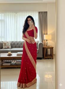 Sari indien traditionnel brodé de longueur au sol pour les mariages, les festivals, les rassemblements familiaux, artisanal indien pakistanais - Product Image 3