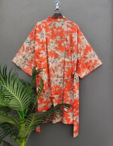 Kimono con estampado de algodón 100% Floral naranja bohemio hecho a mano, bata de ducha ligera, secado rápido, transpirable, hasta la rodilla, Verano - Product Image 6