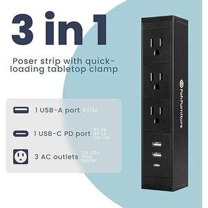 Multipresa scorrevole da scrivania con morsetto, cavo di ricarica rapida 5-in-1 da 1,8 m, 3 prese CA, 1 porta USB-A e 1 porta USB-C (Nero) - Product Image 2